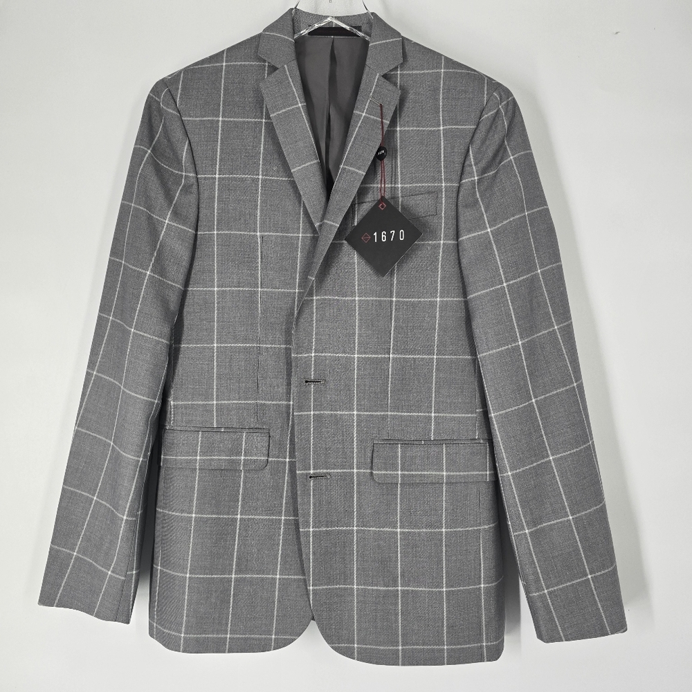 1670 Men's Gray Windowpane Blazer Slim Fit Size 36R NEW